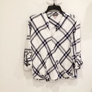 Vince Camuto plaid crossover top blue white black